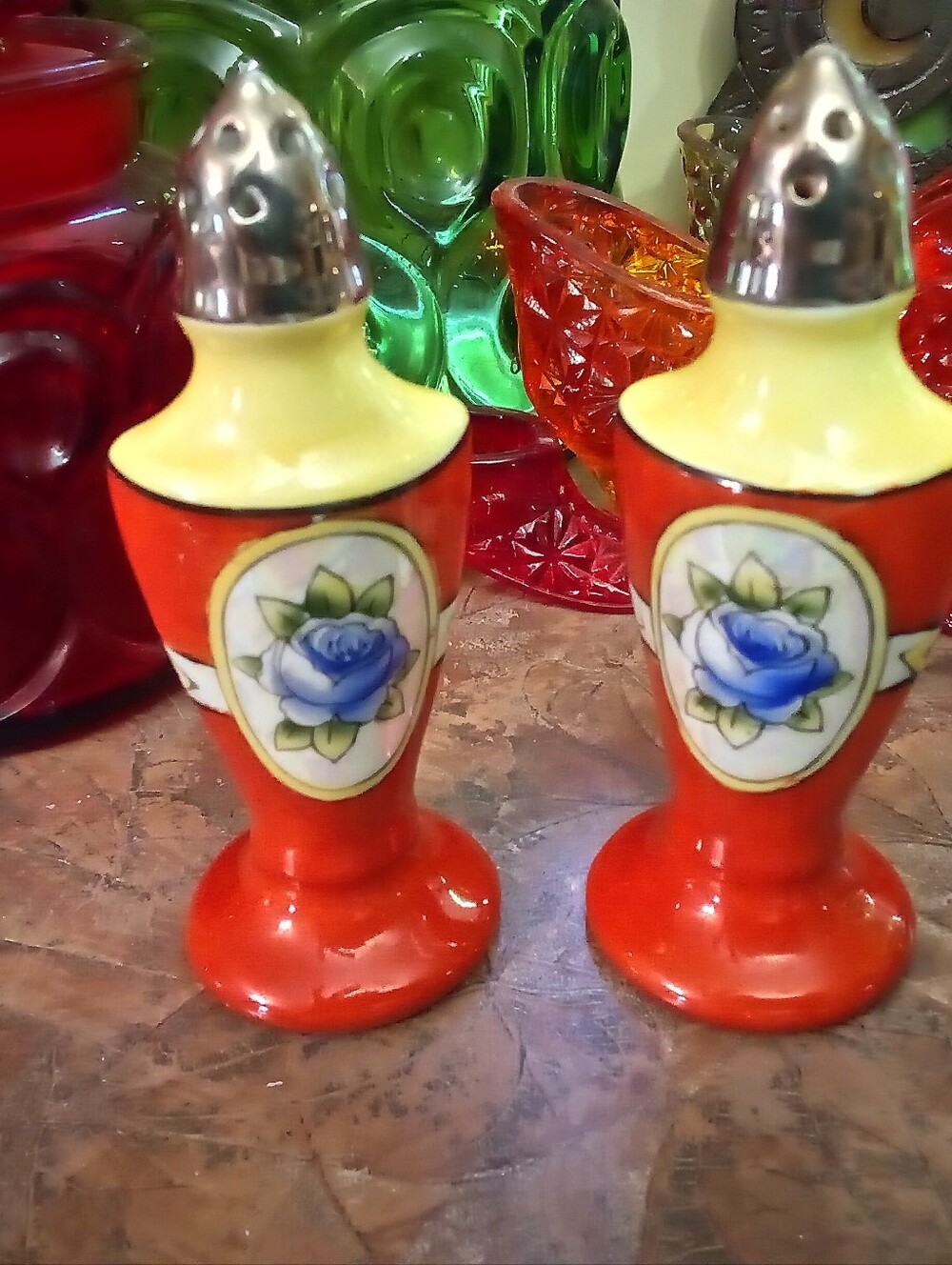 Vintage Japanese Style Ceramic Salt and Pepper Shakers With Gold Plated Paint